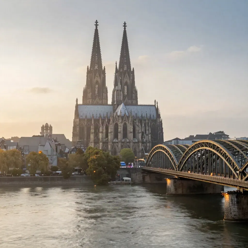Kölner Dom und Hohenzollernbrücke über dem Rhein im warmen Abenddunst