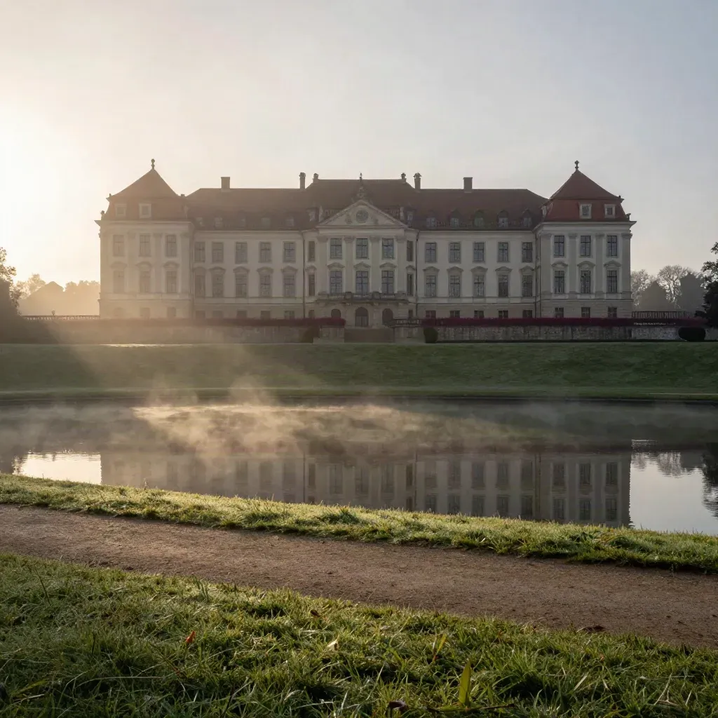 Schloss Augustusburg über stiller Wiese und Wasser im warmen Morgennebel