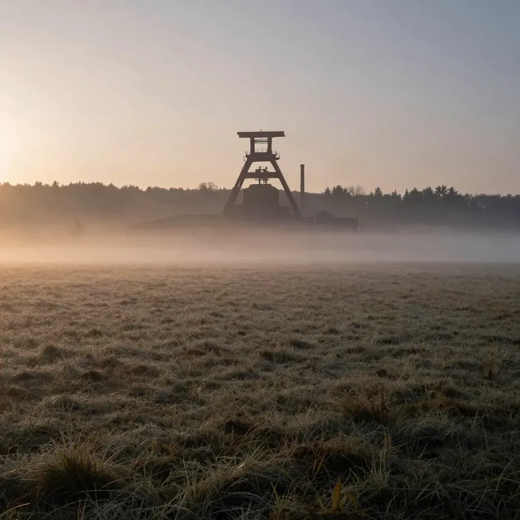 Zeche Zollverein im Morgennebel über einer ruhigen grünen Ebene.