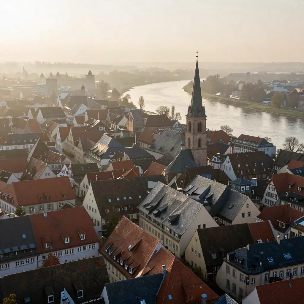 Hoch aus der Luft über deutsche Dächer, Kirchtürme und einen hellen Fluss im Abendlicht.