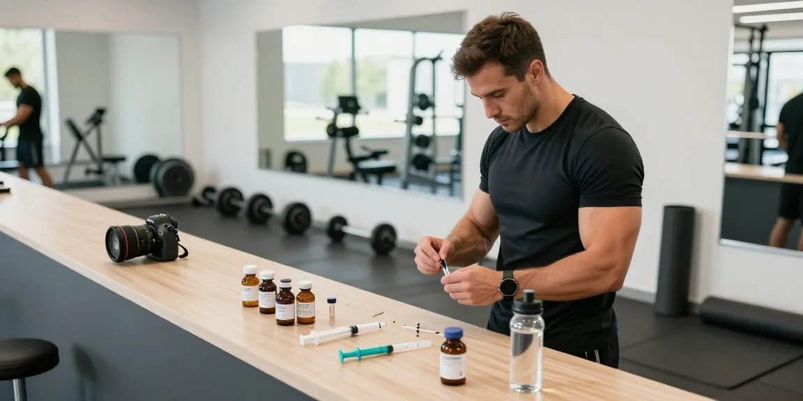 Anabolika Shop: Athlet bereitet sich auf das Spritzen von Steroiden in einem modernen Fitnessstudio vor.