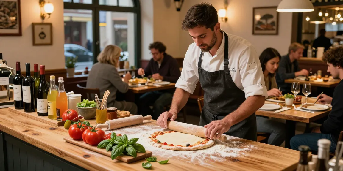 Chef at Pizzeria Madera showcasing pg soft pizza preparation with fresh ingredients.