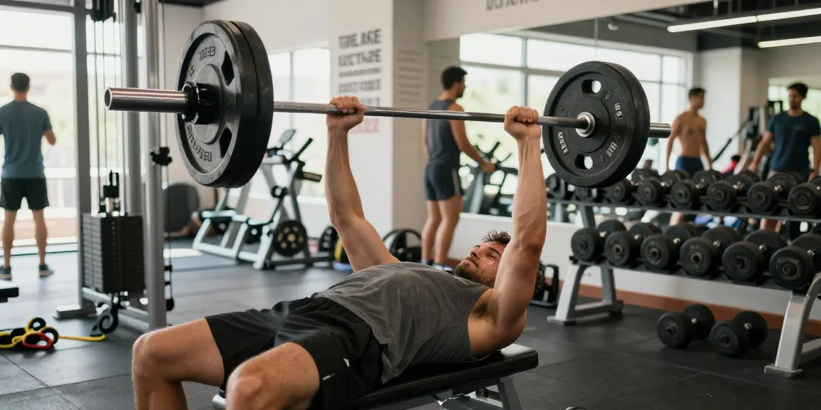Starker Mann im Selliza Shop beim Krafttraining im Fitnessstudio mit Gewichten.