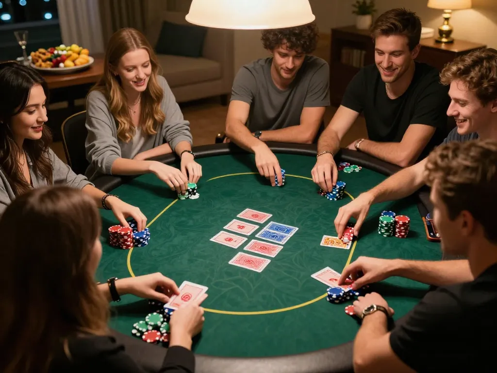 Engaged players analyzing hands in a friendly game, using Bester KI Detektor for enhanced strategy insights.