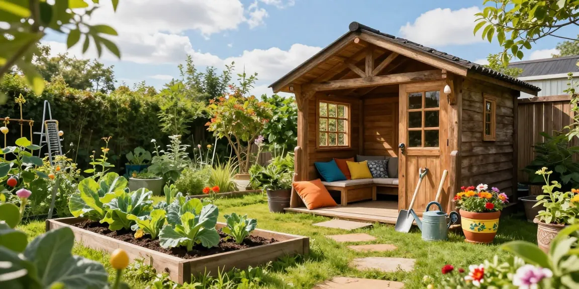 Gartenhaus kaufen: Charmantes Holz-Gartenhaus in einer üppigen grünen Umgebung mit Sitzbereich und Blumen.