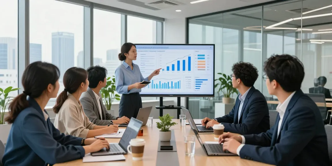Interaktion im Büro einer Bewertungsplattform Führung mit Teamdiskussion und Präsentation von Analyseergebnissen.