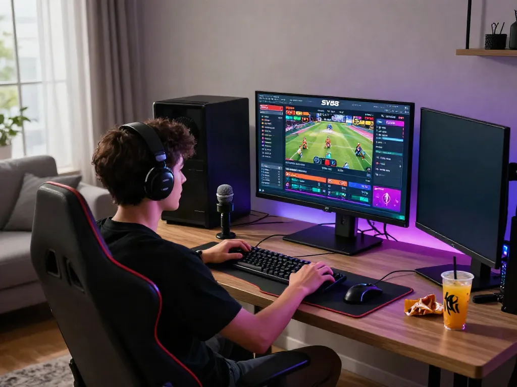 Player engaged with SV88 gaming platform, showcasing dynamic online betting environment and modern gaming setup.