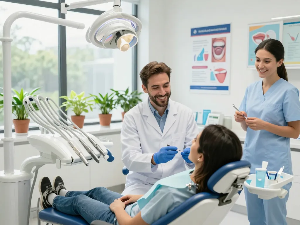 Dental Ace fördert Zahnarzt Wien Verbindungen in einer modernen Klinik mit einem freundlichen Zahnarzt und einem entspannten Patienten.