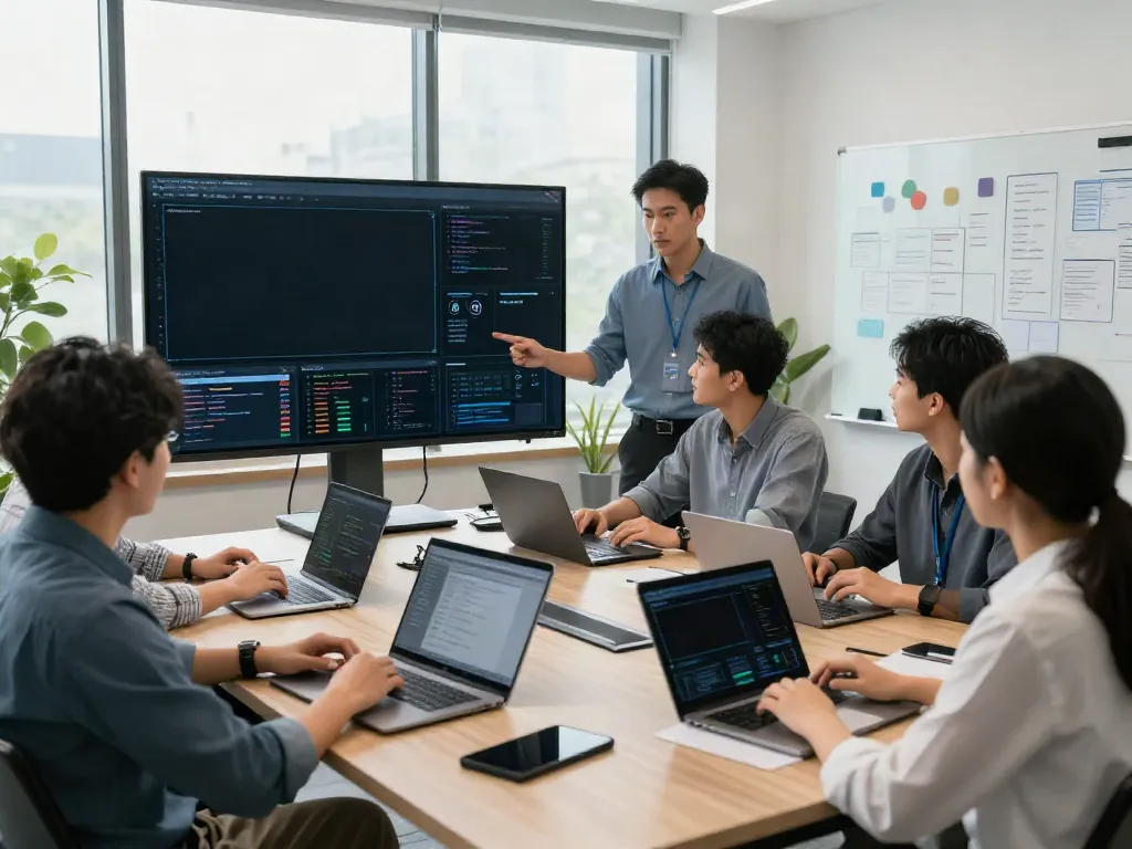 Team von IT-Spezialisten bei der Planung von IT-Support Frankfurt in modernem Büroraum mit Datenvisualisierungen.
