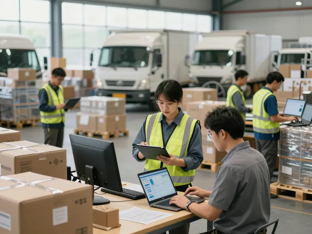 OCARGO Spedition Bielefeld: Logistikteam analysiert Daten in einem modernen Lagerhaus.