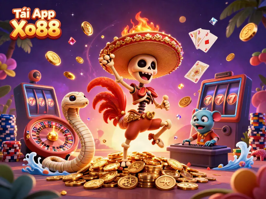 Experience the thrill of Tải App Xo88 with vibrant casino characters celebrating on golden coins.