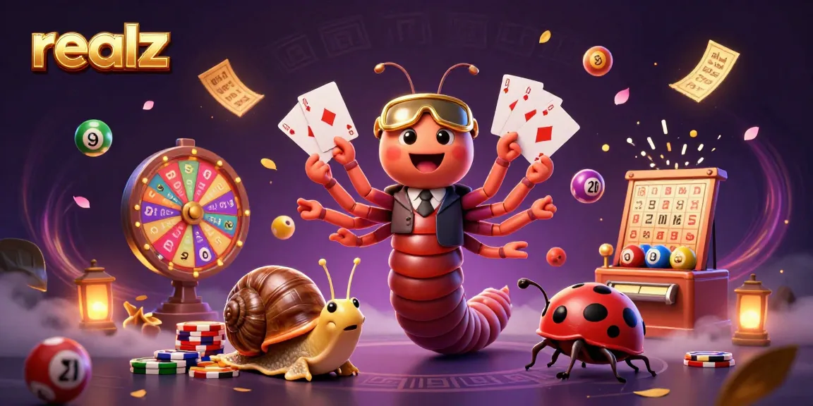 Realz casino illustration with dynamic dealer, high-roller snail, and a vibrant gaming atmosphere.