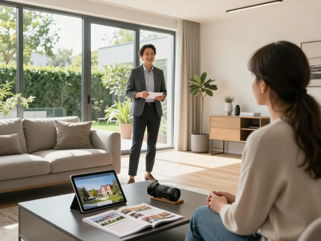 Immobilienmakler Frankfurt Riedberg präsentiert moderne Hausmerkmale mit Käufern an einem sonnigen Tag.
