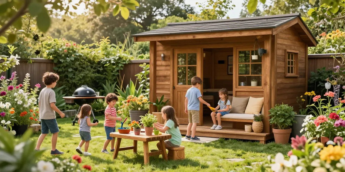 Schönes Garten Haus umgeben von bunten Blumen und einer spielenden Familie im Freien.