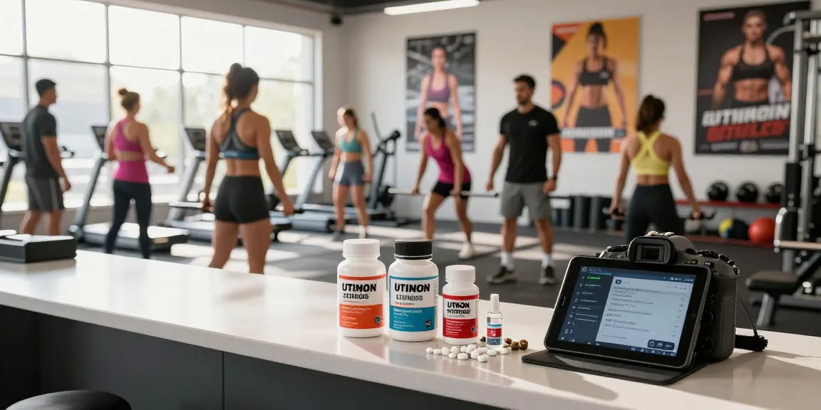 Vibranter Fitnessbereich mit Utinon Steroids Shop für leistungssteigernde Produkte im Fokus.