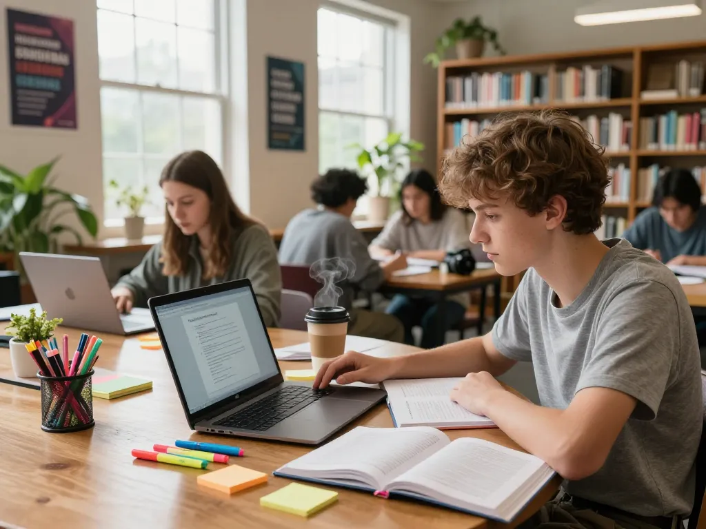 Schüler, die Hausaufgaben KI in einer gemütlichen Bibliotheks-Lernumgebung nutzen, umgeben von Büchern und Lernmaterialien.