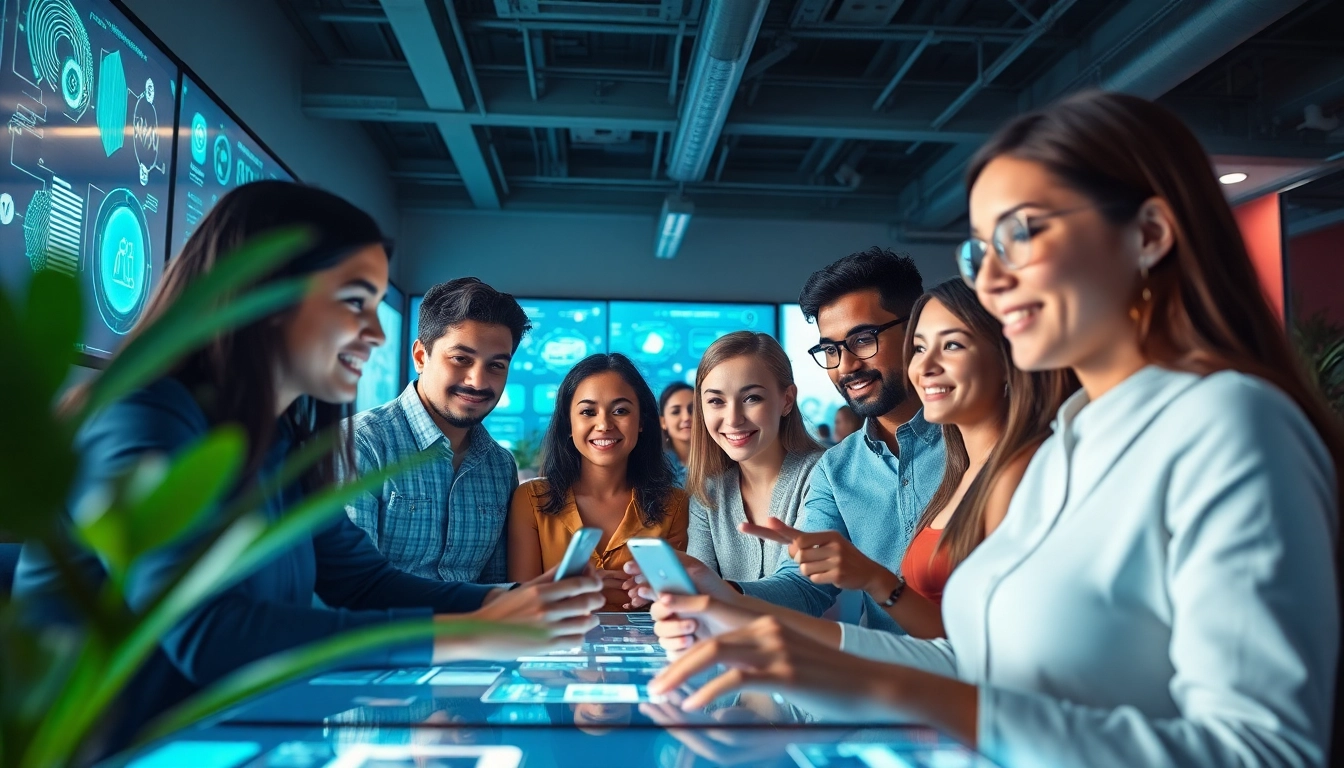 Adults engaging with AI technology in a modern coworking space, highlighting ai 18+ interactions.