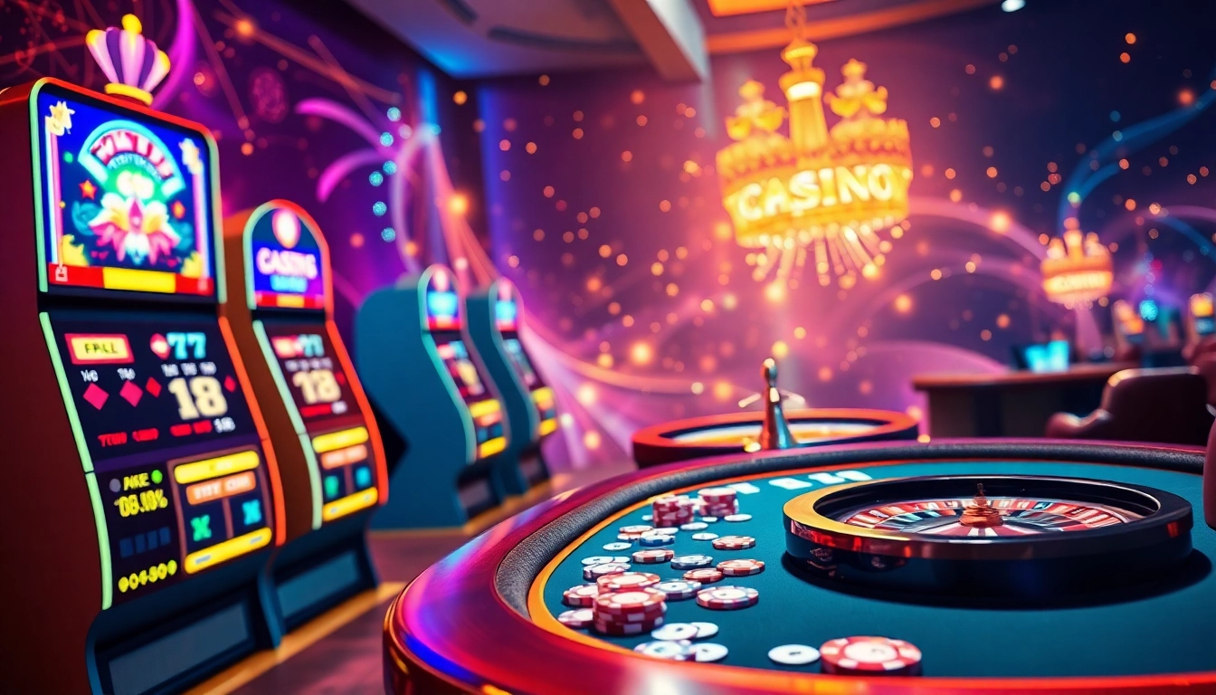 Experience thrilling online gaming with home jili7 in a vibrant casino setting featuring slots and poker tables.