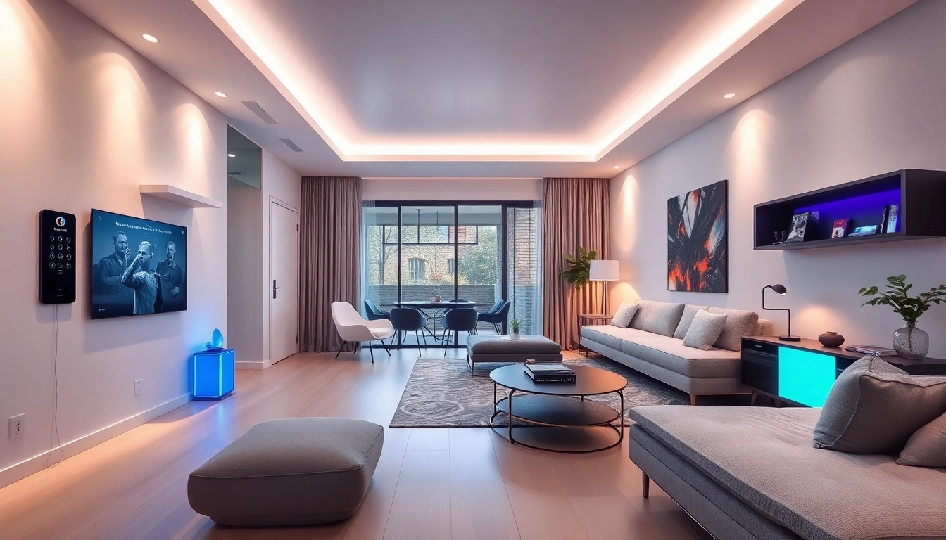 Innovative Smart Home Gadgets und Technologiegeräte in einem modernen Wohnzimmer von TechBoys.