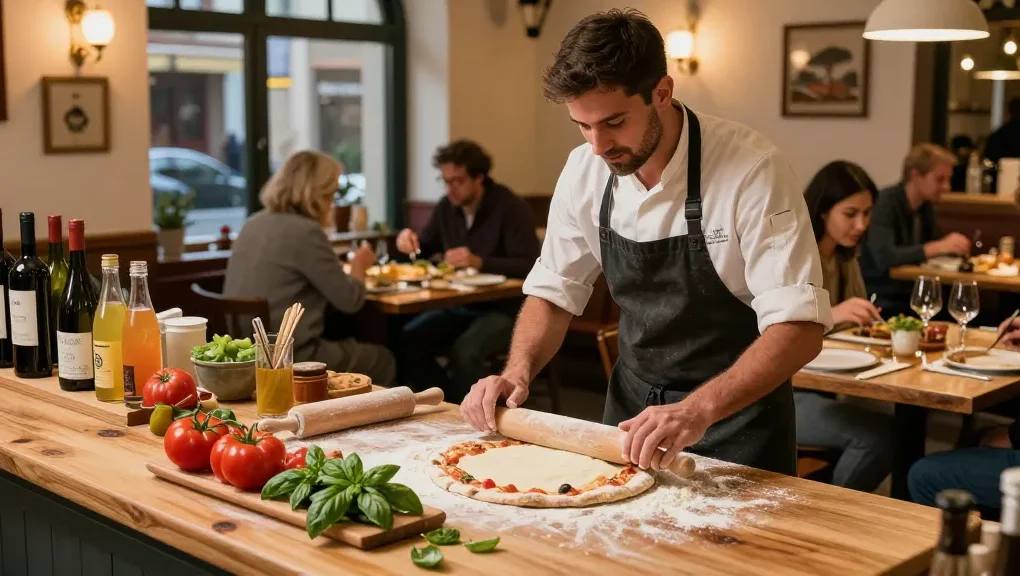 Chef at Pizzeria Madera showcasing pg soft pizza preparation with fresh ingredients.