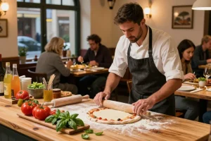 Chef at Pizzeria Madera showcasing pg soft pizza preparation with fresh ingredients.