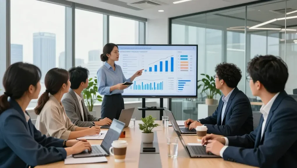 Interaktion im Büro einer Bewertungsplattform Führung mit Teamdiskussion und Präsentation von Analyseergebnissen.