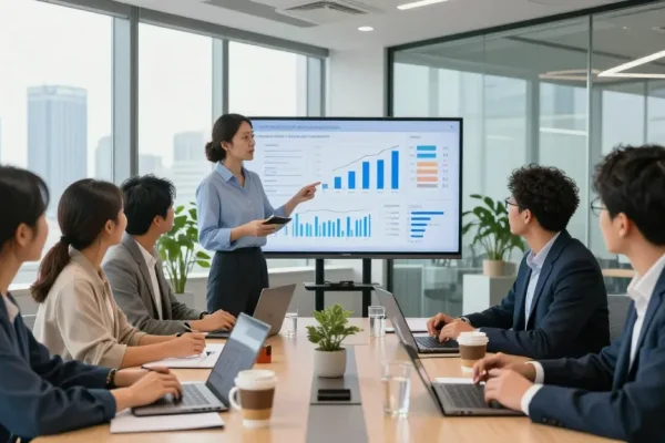 Interaktion im Büro einer Bewertungsplattform Führung mit Teamdiskussion und Präsentation von Analyseergebnissen.